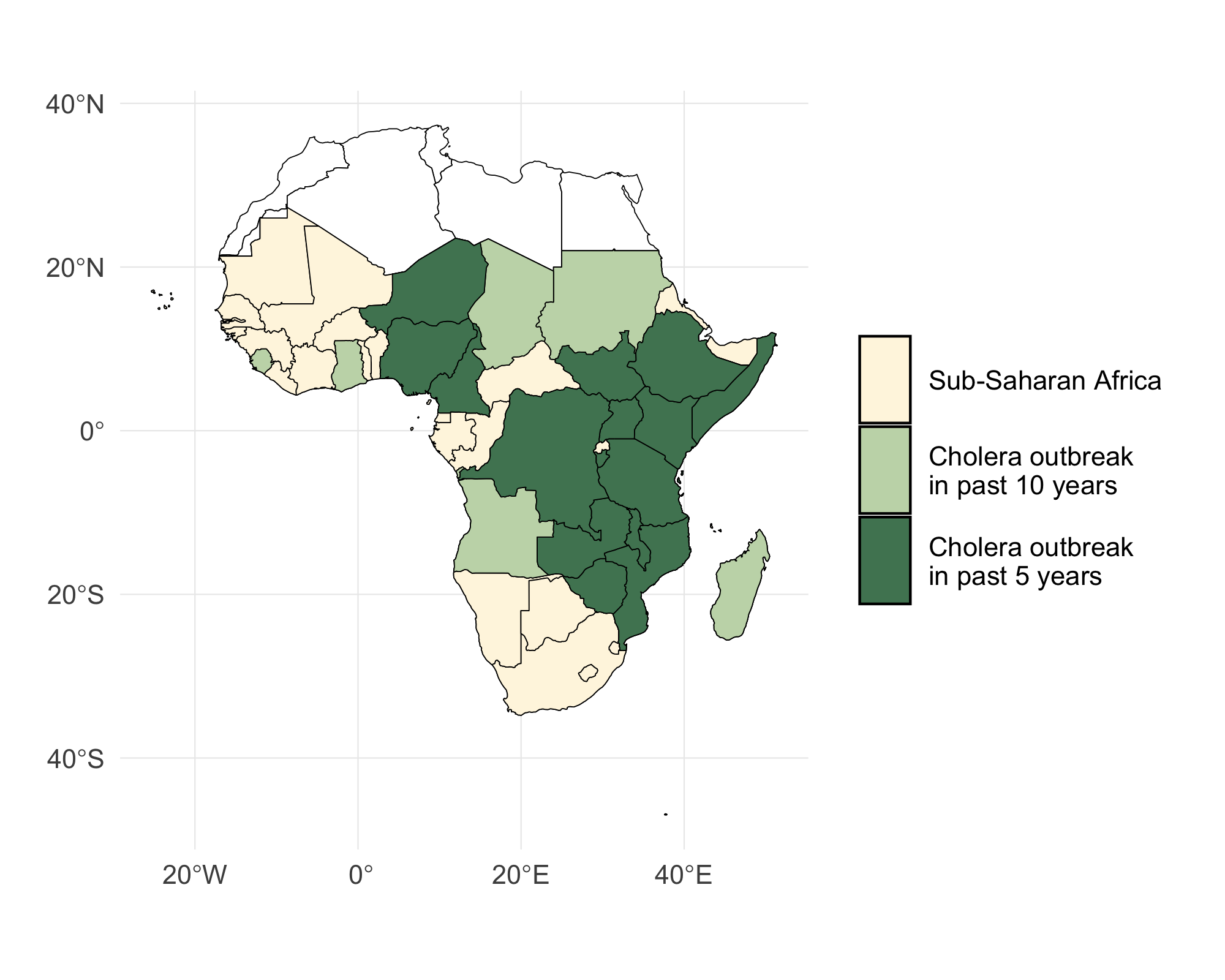 A map of Sub-Saharan Africa with countries that have experienced a cholera outbreak in the past 5 and 10 years highlighted in green.