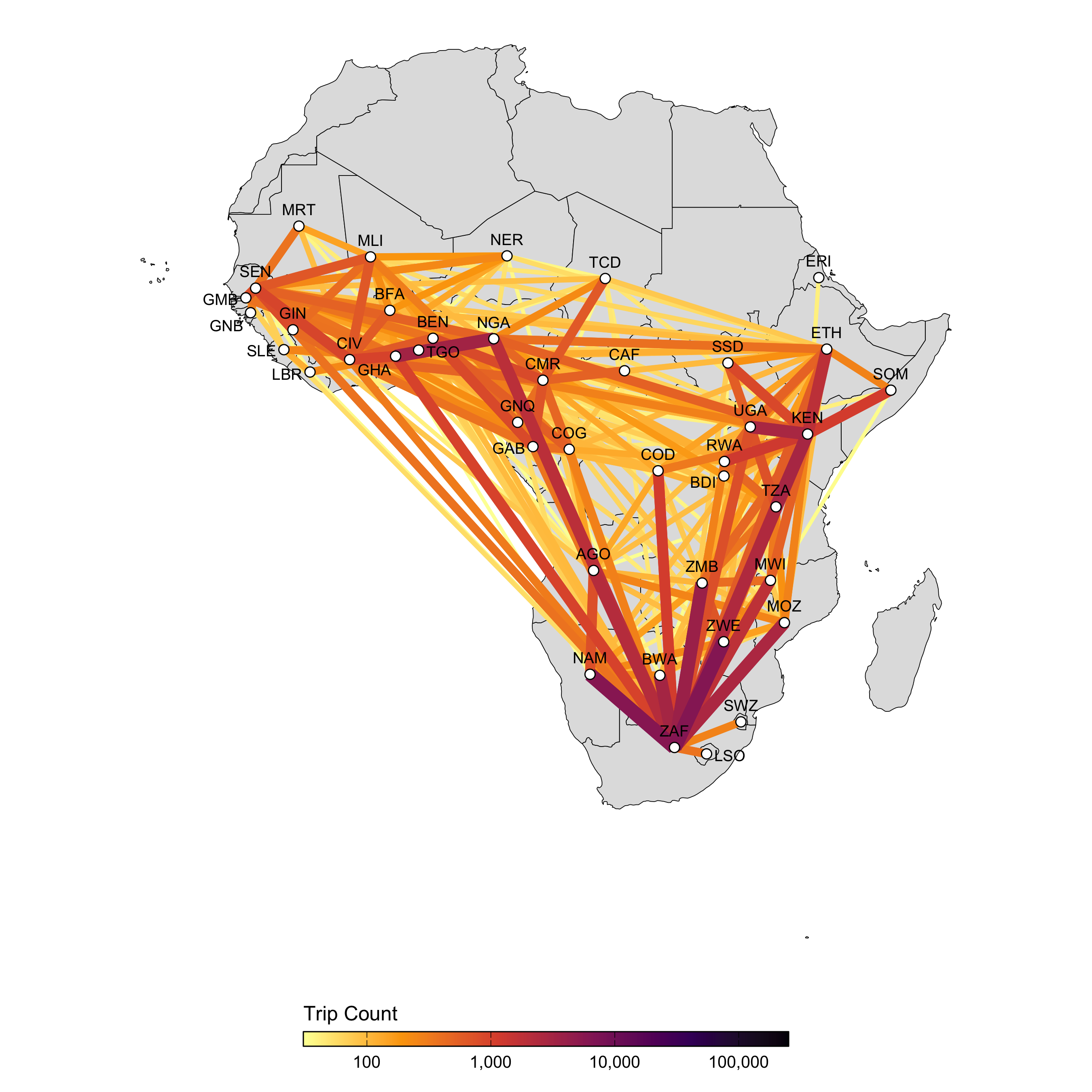 A network map showing the average number of air passengers per week in 2017.